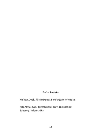 12
Daftar Pustaka
Hidayat. 2018. SistemDigital. Bandung: Informatika
RizaAlfita.2016. SistemDigital Teori danAplikasi.
Bandung: Informatika
 