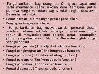 • Fungsi kurikulum bagi orang tua. Orang tua dapat turut
serta membantu usaha sekolah demi kemajuan putra-
putrinya Fungsi kurikulum bagi sekolah tingkat diatasnya.
Dalam hal ini untuk:
• Pemeliharaan keseimbangan proses pendidikan.
• Penyiapan tenaga kerja baru.
• Fungsi kurikulum bagi masyarakat dan pemakai lulusan
sekolah. Lulusan sekolah tentunya dipersiapkan untuk
terjun di masyarakat atau bekerja sesuai ketrampilan
profesi yang dimiliki nya. Menurut Alexander Inglish fungsi
sebagai berikut
• Fungsi penyesuain ( The adjust of adaptive function )
• Fungsi pengintegrasian ( The integrative function )
• Fungsi pembeda ( The differentiating function )
• Fungsi persiapan ( The Propaedeutic function )
• Fungsi pemilihan ( The selective function )
• Fungsi diagnostic ( The diagnostic function )
 
