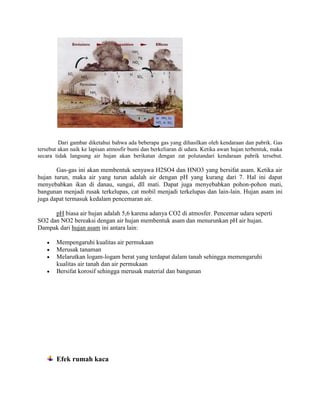 Dari gambar diketahui bahwa ada beberapa gas yang dihasilkan oleh kendaraan dan pabrik. Gas
tersebut akan naik ke lapisan atmosfir bumi dan berkeliaran di udara. Ketika awan hujan terbentuk, maka
secara tidak langsung air hujan akan berikatan dengan zat polutandari kendaraan pabrik tersebut.

       Gas-gas ini akan membentuk senyawa H2SO4 dan HNO3 yang bersifat asam. Ketika air
hujan turun, maka air yang turun adalah air dengan pH yang kurang dari 7. Hal ini dapat
menyebabkan ikan di danau, sungai, dll mati. Dapat juga menyebabkan pohon-pohon mati,
bangunan menjadi rusak terkelupas, cat mobil menjadi terkelupas dan lain-lain. Hujan asam ini
juga dapat termasuk kedalam pencemaran air.

      pH biasa air hujan adalah 5,6 karena adanya CO2 di atmosfer. Pencemar udara seperti
SO2 dan NO2 bereaksi dengan air hujan membentuk asam dan menurunkan pH air hujan.
Dampak dari hujan asam ini antara lain:

       Mempengaruhi kualitas air permukaan
       Merusak tanaman
       Melarutkan logam-logam berat yang terdapat dalam tanah sehingga memengaruhi
       kualitas air tanah dan air permukaan
       Bersifat korosif sehingga merusak material dan bangunan




       Efek rumah kaca
 