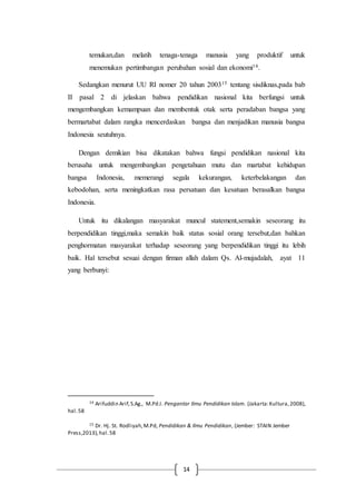 14
temukan,dan melatih tenaga-tenaga manusia yang produktif untuk
menemukan pertimbangan perubahan sosial dan ekonomi14.
Sedangkan menurut UU RI nomer 20 tahun 200315 tentang sisdiknas,pada bab
II pasal 2 di jelaskan bahwa pendidikan nasional kita berfungsi untuk
mengembangkan kemampuan dan membentuk otak serta peradaban bangsa yang
bermartabat dalam rangka mencerdaskan bangsa dan menjadikan manusia bangsa
Indonesia seutuhnya.
Dengan demikian bisa dikatakan bahwa fungsi pendidikan nasional kita
berusaha untuk mengembangkan pengetahuan mutu dan martabat kehidupan
bangsa Indonesia, memerangi segala kekurangan, keterbelakangan dan
kebodohan, serta meningkatkan rasa persatuan dan kesatuan berasalkan bangsa
Indonesia.
Untuk itu dikalangan masyarakat muncul statement,semakin seseorang itu
berpendidikan tinggi,maka semakin baik status sosial orang tersebut,dan bahkan
penghormatan masyarakat terhadap seseorang yang berpendidikan tinggi itu lebih
baik. Hal tersebut sesuai dengan firman allah dalam Qs. Al-mujadalah, ayat 11
yang berbunyi:
14 Arifuddin Arif,S.Ag., M.Pd.I. Pengantar Ilmu Pendidikan Islam. (Jakarta:Kultura,2008),
hal.58
15 Dr. Hj. St. Rodliyah,M.Pd, Pendidikan & Ilmu Pendidikan, (Jember: STAIN Jember
Press,2013),hal.58
 
