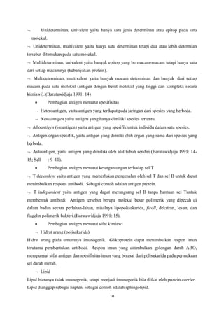 Unideterminan, univalent yaitu hanya satu jenis determinan atau epitop pada satu
  molekul.
   Unideterminan, multivalent yaitu hanya satu determinan tetapi dua atau lebih determian
tersebut ditemukan pada satu molekul.
   Multideterminan, univalent yaitu banyak epitop yang bermacam-macam tetapi hanya satu
dari setiap macamnya (kebanyakan protein).
   Multideterminan, multivalent yaitu banyak macam determinan dan banyak dari setiap
macam pada satu molekul (antigen dengan berat molekul yang tinggi dan kompleks secara
kimiawi). (Baratawidjaja 1991: 14)
              Pembagian antigen menurut spesifisitas
       Heteroantigen, yaitu antigen yang terdapat pada jaringan dari spesies yang berbeda.
       Xenoantigen yaitu antigen yang hanya dimiliki spesies tertentu.
   Alloantigen (isoantigen) yaitu antigen yang spesifik untuk individu dalam satu spesies.
   Antigen organ spesifik, yaitu antigen yang dimilki oleh organ yang sama dari spesies yang
berbeda.
   Autoantigen, yaitu antigen yang dimiliki oleh alat tubuh sendiri (Baratawidjaja 1991: 14-
15; Sell      : 9–10).
              Pembagian antigen menurut ketergantungan terhadap sel T
   T dependent yaitu antigen yang memerlukan pengenalan oleh sel T dan sel B untuk dapat
menimbulkan respons antibodi. Sebagai contoh adalah antigen protein.
   T independent yaitu antigen yang dapat merangsang sel B tanpa bantuan sel Tuntuk
membentuk antibodi. Antigen tersebut berupa molekul besar polimerik yang dipecah di
dalam badan secara perlahan-lahan, misalnya lipopolisakarida, ficoll, dekstran, levan, dan
flagelin polimerik bakteri.(Baratawidjaja 1991: 15).
              Pembagian antigen menurut sifat kimiawi
       Hidrat arang (polisakarida)
Hidrat arang pada umumnya imunogenik. Glikoprotein dapat menimbulkan respon imun
terutama pembentukan antibodi. Respon imun yang ditimbulkan golongan darah ABO,
mempunyai sifat antigen dan spesifisitas imun yang berasal dari polisakarida pada permukaan
sel darah merah.
       Lipid
Lipid biasanya tidak imunogenik, tetapi menjadi imunogenik bila diikat oleh protein carrier.
Lipid dianggap sebagai hapten, sebagai contoh adalah sphingolipid.
                                               10
 