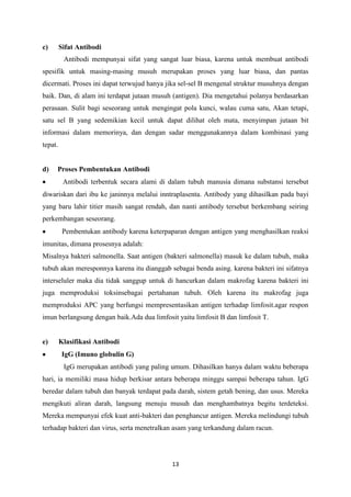 c)       Sifat Antibodi
          Antibodi mempunyai sifat yang sangat luar biasa, karena untuk membuat antibodi
spesifik untuk masing-masing musuh merupakan proses yang luar biasa, dan pantas
dicermati. Proses ini dapat terwujud hanya jika sel-sel B mengenal struktur musuhnya dengan
baik. Dan, di alam ini terdapat jutaan musuh (antigen). Dia mengetahui polanya berdasarkan
perasaan. Sulit bagi seseorang untuk mengingat pola kunci, walau cuma satu, Akan tetapi,
satu sel B yang sedemikian kecil untuk dapat dilihat oleh mata, menyimpan jutaan bit
informasi dalam memorinya, dan dengan sadar menggunakannya dalam kombinasi yang
tepat.


d)   Proses Pembentukan Antibodi
          Antibodi terbentuk secara alami di dalam tubuh manusia dimana substansi tersebut
diwariskan dari ibu ke janinnya melalui inntraplasenta. Antibody yang dihasilkan pada bayi
yang baru lahir titier masih sangat rendah, dan nanti antibody tersebut berkembang seiring
perkembangan seseorang.
          Pembentukan antibody karena keterpaparan dengan antigen yang menghasilkan reaksi
imunitas, dimana prosesnya adalah:
Misalnya bakteri salmonella. Saat antigen (bakteri salmonella) masuk ke dalam tubuh, maka
tubuh akan meresponnya karena itu dianggab sebagai benda asing. karena bakteri ini sifatnya
interseluler maka dia tidak sanggup untuk di hancurkan dalam makrofag karena bakteri ini
juga memproduksi toksinsebagai pertahanan tubuh. Oleh karena itu makrofag juga
memproduksi APC yang berfungsi mempresentasikan antigen terhadap limfosit.agar respon
imun berlangsung dengan baik.Ada dua limfosit yaitu limfosit B dan limfosit T.


e)       Klasifikasi Antibodi
          IgG (Imuno globulin G)
          IgG merupakan antibodi yang paling umum. Dihasilkan hanya dalam waktu beberapa
hari, ia memiliki masa hidup berkisar antara beberapa minggu sampai beberapa tahun. IgG
beredar dalam tubuh dan banyak terdapat pada darah, sistem getah bening, dan usus. Mereka
mengikuti aliran darah, langsung menuju musuh dan menghambatnya begitu terdeteksi.
Mereka mempunyai efek kuat anti-bakteri dan penghancur antigen. Mereka melindungi tubuh
terhadap bakteri dan virus, serta menetralkan asam yang terkandung dalam racun.




                                             13
 