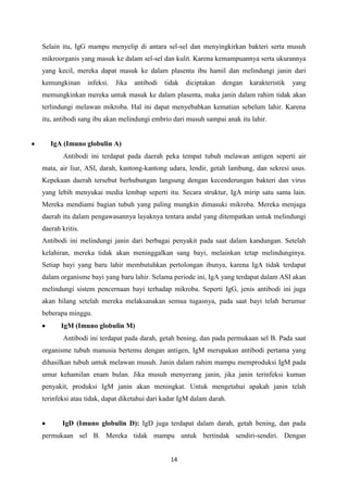 Selain itu, IgG mampu menyelip di antara sel-sel dan menyingkirkan bakteri serta musuh
mikroorganis yang masuk ke dalam sel-sel dan kulit. Karena kemampuannya serta ukurannya
yang kecil, mereka dapat masuk ke dalam plasenta ibu hamil dan melindungi janin dari
kemungkinan      infeksi.   Jika   antibodi   tidak   diciptakan   dengan   karakteristik   yang
memungkinkan mereka untuk masuk ke dalam plasenta, maka janin dalam rahim tidak akan
terlindungi melawan mikroba. Hal ini dapat menyebabkan kematian sebelum lahir. Karena
itu, antibodi sang ibu akan melindungi embrio dari musuh sampai anak itu lahir.


   IgA (Imuno globulin A)
        Antibodi ini terdapat pada daerah peka tempat tubuh melawan antigen seperti air
mata, air liur, ASI, darah, kantong-kantong udara, lendir, getah lambung, dan sekresi usus.
Kepekaan daerah tersebut berhubungan langsung dengan kecenderungan bakteri dan virus
yang lebih menyukai media lembap seperti itu. Secara struktur, IgA mirip satu sama lain.
Mereka mendiami bagian tubuh yang paling mungkin dimasuki mikroba. Mereka menjaga
daerah itu dalam pengawasannya layaknya tentara andal yang ditempatkan untuk melindungi
daerah kritis.
Antibodi ini melindungi janin dari berbagai penyakit pada saat dalam kandungan. Setelah
kelahiran, mereka tidak akan meninggalkan sang bayi, melainkan tetap melindunginya.
Setiap bayi yang baru lahir membutuhkan pertolongan ibunya, karena IgA tidak terdapat
dalam organisme bayi yang baru lahir. Selama periode ini, IgA yang terdapat dalam ASI akan
melindungi sistem pencernaan bayi terhadap mikroba. Seperti IgG, jenis antibodi ini juga
akan hilang setelah mereka melaksanakan semua tugasnya, pada saat bayi telah berumur
beberapa minggu.
       IgM (Imuno globulin M)
        Antibodi ini terdapat pada darah, getah bening, dan pada permukaan sel B. Pada saat
organisme tubuh manusia bertemu dengan antigen, IgM merupakan antibodi pertama yang
dihasilkan tubuh untuk melawan musuh. Janin dalam rahim mampu memproduksi IgM pada
umur kehamilan enam bulan. Jika musuh menyerang janin, jika janin terinfeksi kuman
penyakit, produksi IgM janin akan meningkat. Untuk mengetahui apakah janin telah
terinfeksi atau tidak, dapat diketahui dari kadar IgM dalam darah.


       IgD (Imuno globulin D): IgD juga terdapat dalam darah, getah bening, dan pada
permukaan sel B. Mereka tidak mampu untuk bertindak sendiri-sendiri. Dengan


                                                14
 