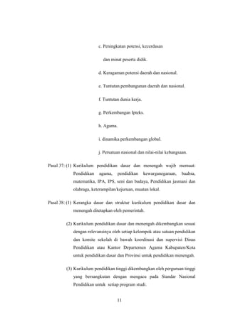 11
c. Peningkatan potensi, kecerdasan
dan minat peserta didik.
d. Keragaman potensi daerah dan nasional.
e. Tuntutan pembangunan daerah dan nasional.
f. Tuntutan dunia kerja.
g. Perkembangan Ipteks.
h. Agama.
i. dinamika perkembangan global.
j. Persatuan nasional dan nilai-nilai kebangsaan.
Pasal 37: (1) Kurikulum pendidikan dasar dan menengah wajib memuat:
Pendidikan agama, pendidikan kewarganegaraan, baahsa,
matematika, IPA, IPS, seni dan budaya, Pendidikan jasmani dan
olahraga, keterampilan/kejuruan, muatan lokal.
Pasal 38: (1) Kerangka dasar dan struktur kurikulum pendidikan dasar dan
menengah ditetapkan oleh pemerintah.
(2) Kurikulum pendidikan dasar dan menengah dikembangkan sesuai
dengan relevansinya oleh setiap kelompok atau satuan pendidikan
dan komite sekolah di bawah koordinasi dan supervisi Dinas
Pendidikan atau Kantor Departemen Agama Kabupaten/Kota
untuk pendidikan dasar dan Provinsi untuk pendidikan menengah.
(3) Kurikulum pendidikan tinggi dikembangkan oleh perguruan tinggi
yang bersangkutan dengan mengacu pada Standar Nasional
Pendidikan untuk setiap program studi.
 