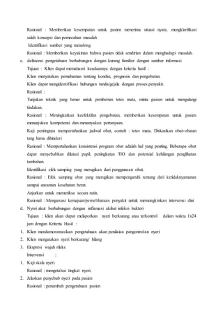 Rasional : Memberikan kesempatan untuk pasien menerima situasi nyata, mengklarifikasi
salah konsepsi dan pemecahan masalah
Identifikasi sumber yang menolong
Rasional : Memberikan keyakinan bahwa pasien tidak sendirian dalam menghadapi masalah.
c. defisiensi pengetahuan berhubungan dengan kurang familier dengan sumber informasi
Tujuan : Klien dapat memahami keadaannya dengan kriteria hasil :
Klien menyatakan pemahaman tentang kondisi, prognosis dan pengobatan.
Klien dapat mengidentifikasi hubungan tanda/gejala dengan proses penyakit.
Rasional :
Tunjukan teknik yang benar untuk pemberian tetes mata, minta pasien untuk mengulangi
tindakan.
Rasional : Meningkatkan keefektifan pengobatan, memberikan kesempatan untuk pasien
menunjukan kompetensi dan menanyakan pertanyaan.
Kaji pentingnya mempertahankan jadwal obat, contoh : tetes mata. Diskusikan obat-obatan
tang harus dihindari
Rasional : Mempertahankan konsistensi program obat adalah hal yang penting. Beberapa obat
dapat menyebabkan dilatasi pupil, peningkatan TIO dan potensial kehilangan penglihatan
tambahan.
Identifikasi efek samping yang merugikan dari penggunaan obat.
Rasional : Efek samping obat yang merugikan mempengaruhi rentang dari ketidaknyamanan
sampai ancaman kesehatan berat.
Anjurkan untuk memeriksa secara rutin.
Rasional : Mengawasi kemajuan/pemeliharaan penyakit untuk memungkinkan intervensi dini
d. Nyeri akut berhubungan dengan inflamasi akibat infeksi bakteri
Tujuan : klien akan dapat melaporkan nyeri berkurang atau terkontrol dalam waktu 1x24
jam dengan Kriteria Hasil :
1. Klien mendemonstrasikan pengetahuan akan penilaian pengontrolan nyeri
2. Klien mengatakan nyeri berkurang/ hilang
3. Ekspresi wajah rileks
Intervensi :
1. Kaji skala nyeri.
Rasional : mengetahui tingkat nyeri.
2. Jelaskan penyebab nyeri pada pasien
Rasional : penambah pengetahuan pasien
 