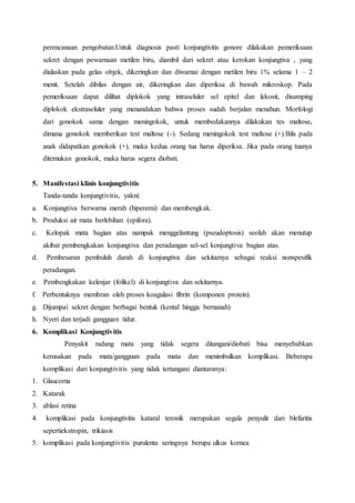 perencanaan pengobatan.Untuk diagnosis pasti konjungtivitis gonore dilakukan pemeriksaan
sekret dengan pewarnaan metilen biru, diambil dari sekret atau kerokan konjungtiva , yang
diulaskan pada gelas objek, dikeringkan dan diwarnai dengan metilen biru 1% selama 1 – 2
menit. Setelah dibilas dengan air, dikeringkan dan diperiksa di bawah mikroskop. Pada
pemeriksaan dapat dilihat diplokok yang intraseluler sel epitel dan lekosit, disamping
diplokok ekstraseluler yang menandakan bahwa proses sudah berjalan menahun. Morfologi
dari gonokok sama dengan meningokok, untuk membedakannya dilakukan tes maltose,
dimana gonokok memberikan test maltose (-). Sedang meningokok test maltose (+).Bila pada
anak didapatkan gonokok (+), maka kedua orang tua harus diperiksa. Jika pada orang tuanya
ditemukan gonokok, maka harus segera diobati.
5. Manifestasi klinis konjungtivitis
Tanda-tanda konjungtivitis, yakni:
a. Konjungtiva berwarna merah (hiperemi) dan membengkak.
b. Produksi air mata berlebihan (epifora).
c. Kelopak mata bagian atas nampak menggelantung (pseudoptosis) seolah akan menutup
akibat pembengkakan konjungtiva dan peradangan sel-sel konjungtiva bagian atas.
d. Pembesaran pembuluh darah di konjungtiva dan sekitarnya sebagai reaksi nonspesifik
peradangan.
e. Pembengkakan kelenjar (folikel) di konjungtiva dan sekitarnya.
f. Perbentuknya membran oleh proses koagulasi fibrin (komponen protein).
g. Dijumpai sekret dengan berbagai bentuk (kental hingga bernanah)
h. Nyeri dan terjadi gangguan tidur.
6. Komplikasi Konjungtivitis
Penyakit radang mata yang tidak segera ditangani/diobati bisa menyebabkan
kerusakan pada mata/gangguan pada mata dan menimbulkan komplikasi. Beberapa
komplikasi dari konjungtivitis yang tidak tertangani diantaranya:
1. Glaucoma
2. Katarak
3. ablasi retina
4. komplikasi pada konjungtivitis kataral teronik merupakan segala penyulit dari blefaritis
sepertiekstropin, trikiasis
5. komplikasi pada konjungtivitis purulenta seringnya berupa ulkus kornea
 