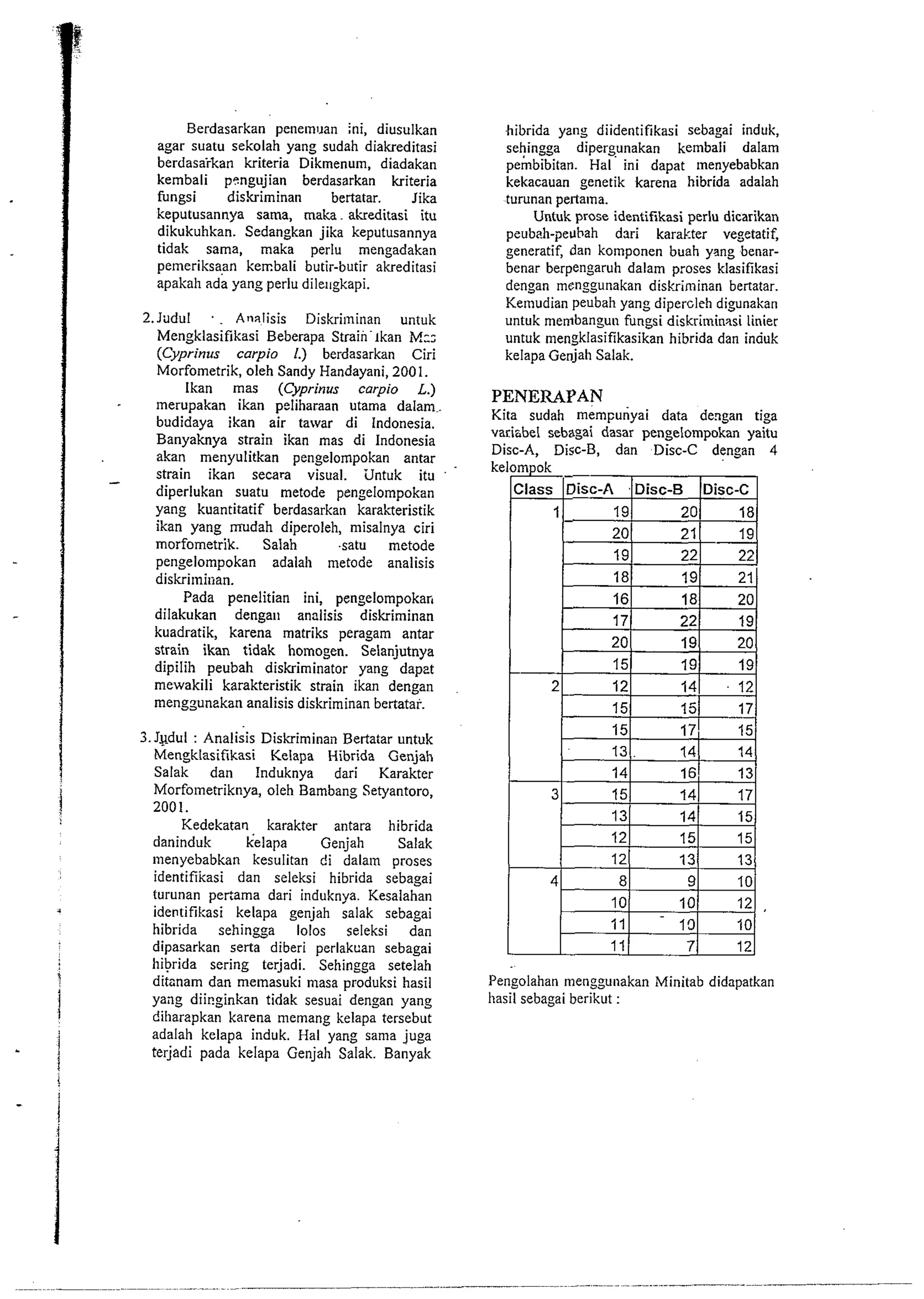 Berdasarkan penelnl~an ini, diusulkan 
agar suatu sekolah yang sudah diakreditasi 
berdasaikan kriteria Dikmenum, diadakan 
kembali pmgujian berdasarkan kriteria 
fungsi diskriminan bertatar. Jika 
keputusannya sama, maka . akreditasi itu 
dikukuhkan. Sedangkan jika keputusannya 
tidak sama, maka perlu mengadakan 
pe~neriksaan kembali butir-butir akreditasi 
apakah ada yang perlu dileugkapi. 
2.Judul . . Analisis Diskriminan untuk 
Mengklasifikasi Beberapa Strain-lkan M:; 
(Cyprinus carpio I.) berdasarkan Ciri 
Morfometrik, oleh Sandy Handayani, 2001. 
lkan mas (Cyprinus carpio L.) 
merupakan ikan peliharaan utama dalam 
budidaya ikan air tawar di Indonesia. 
Banyaknya strain ikan mas di Indonesia 
akan menyulitkan pengelompokan antar 
strain ikan secam visual. Untuk it^ 
diperlukan suatu metode pengelompokan 
yang kuantitatif berdasarkan karakteristik 
ikan yang mudah diperoleh, misalnya ciri 
morfometrik. Salah .satu metode 
pengelompokan adalah metode analisis 
diskriminan. 
Pada penelitian ini, pengelompokafi 
dilakukan dengall analisis diskriminan 
kuadratik, karena matriks peragam antar 
strain ikan tidak homogen. Selanjutnya 
dipilih peubah diskriminator yang dapet 
mewakili karakteristik strain ikan dengan 
mengzunekan analisis diskriminan bertatar. 
3.Jgdul : Analisis Diskriminan Bertatar untuk 
Mengklasifikasi Kelapa Hibrida Genjah 
Salak dan Induknya dari Karakter 
Morfometriknya, oleh Bambang Setyantoro, 
2001. 
Kedekatan karakter antara hibrida 
daninduk kelapa Genjah Salak 
~nenyebabkan kesulitan di dalam proses 
identifikasi dan seleksi hibrida sebagai 
turunan peltama dari induknya. Kesalahan 
identifikasi kelapa genjah salak sebagai 
hibrida sehingga 1010s seleksi dan 
dipasarkan serta diberi perlakcan sebagai 
hibrida sering terjadi. Sehingga setelah 
ditnnam dan memasuki masa produksi hasil 
yang dii~ginkan tidak sesuai dengan yang 
diharapkan karena memang kelapa tersebut 
adalah kelapa induk. Hal yang sama juga 
terjadi pada kelapa Genjah Salak. Banyak 
hibrida yang diidentifikasi sebagai induk, 
sehingga dipersunakan kembali dalam 
pembibitan. Hal ini dapat ~nenyebabkan 
kekacauan genetik karena hibrida adalah 
turunan pertama. 
Untuk prose identifikasi perlu dicarikan 
peubeh-peuhah dari karakter vegetatif, 
generatif, dan komponen buah ysng benar-benar 
berpengaruh dalam proses klasifikasi 
dengan m~nggunakan diskriminan bertatar. 
Kemudian peubah yang dipercleh digunakan 
untuk membanzu~i fungsi diskriminasi linier 
untuk mengklasifikasikan hibrida dan inauk 
kelapa Genjah Salak. 
PENERAPAN 
Kita sudah mempunyai data dengan tiga 
variabel sebagai dasar pengelompokan yaitu 
Disc-A, Disc-B, dan Disc-C dengan 4 
22 22 
18 19 21 
16 18 20 
Pengolahan menggunakan Minitab didapatkan 
hasil sebagai berikut : 
 