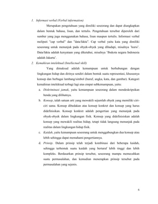 6
1. Informasi verbal (Verbal information)
Merupakan pengetahuan yang dimiliki seseorang dan dapat diungkapkan
dalam bentuk bahasa, lisan, dan tertulis. Pengetahuan tersebut diperoleh dari
sumber yang juga menggunakan bahasa, lisan maupun tertulis. Informasi verbal
meliputi ”cap verbal” dan ”data/fakta”. Cap verbal yaitu kata yang dimiliki
seseorang untuk menunjuk pada obyek-obyek yang dihadapi, misalnya ’kursi’.
Data/fakta adalah kenyataan yang diketahui, misalnya ’Ibukota negara Indonesia
adalah Jakarta’.
2. Kemahiran intelektual (Intellectual skill)
Yang dimaksud adalah kemampuan untuk berhubungan dengan
lingkungan hidup dan dirinya sendiri dalam bentuk suatu representasi, khususnya
konsep dan berbagai lambang/simbol (huruf, angka, kata, dan gambar). Kategori
kemahiran intelektual terbagi lagi atas empat subkemampuan, yaitu:
a. Diskriminasi jamak, yaitu kemampuan seseorang dalam mendeskripsikan
benda yang dilihatnya.
b. Konsep, ialah satuan arti yang mewakili sejumlah obyek yang memiliki ciri-
ciri sama. Konsep dibedakan atas konsep konkret dan konsep yang harus
didefinisikan. Konsep konkret adalah pengertian yang menunjuk pada
obyek-obyek dalam lingkungan fisik. Konsep yang didefinisiskan adalah
konsep yang mewakili realitas hidup, tetapi tidak langsung menunjuk pada
realitas dalam lingkungan hidup fisik.
c. Kaidah, yaitu kemampuan seseorang untuk menggabungkan dua konsep atau
lebih sehingga dapat memahami pengertiannya.
d. Prinsip. Dalam prinsip telah terjadi kombinasi dari beberapa kaidah,
sehingga terbentuk suatu kaidah yang bertaraf lebih tinggi dan lebih
kompleks. Berdasarkan prinsip tersebut, seseorang mampu memecahkan
suatu permasalahan, dan kemudian menerapkan prinsip tersebut pada
permasalahan yang sejenis.
 