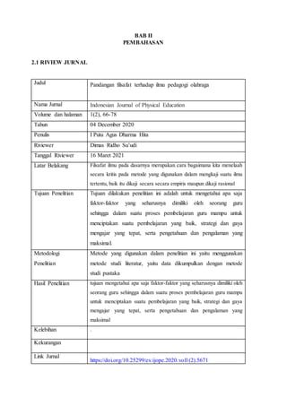 BAB II
PEMBAHASAN
2.1 RIVIEW JURNAL
Judul Pandangan filsafat terhadap ilmu pedagogi olahraga
Nama Jurnal Indonesian Journal of Physical Education
Volume dan halaman 1(2), 66-78
Tahun 04 December 2020
Penulis I Putu Agus Dharma Hita
Riviewer Dimas Ridho Su’udi
Tanggal Riviewer 16 Maret 2021
Latar Belakang Filsafat ilmu pada dasarnya merupakan cara bagaimana kita menelaah
secara kritis pada metode yang digunakan dalam mengkaji suatu ilmu
tertentu, baik itu dikaji secara secara empiris maupun dikaji rasional
Tujuan Penelitian Tujuan dilakukan penelitian ini adalah untuk mengetahui apa saja
faktor-faktor yang seharusnya dimiliki oleh seorang guru
sehingga dalam suatu proses pembelajaran guru mampu untuk
menciptakan suatu pembelajaran yang baik, strategi dan gaya
mengajar yang tepat, serta pengetahuan dan pengalaman yang
maksimal.
Metodologi
Penelitian
Metode yang digunakan dalam penelitian ini yaitu menggunakan
metode studi literatur, yaitu data dikumpulkan dengan metode
studi pustaka
Hasil Penelitian tujuan mengetahui apa saja faktor-faktor yang seharusnya dimiliki oleh
seorang guru sehingga dalam suatu proses pembelajaran guru mampu
untuk menciptakan suatu pembelajaran yang baik, strategi dan gaya
mengajar yang tepat, serta pengetahuan dan pengalaman yang
maksimal
Kelebihan .
Kekurangan
Link Jurnal
https://doi.org/10.25299/es:ijope.2020.vol1(2).5671
 