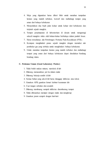 15
4. Meja yang digunakan harus diberi bibir untuk menahan tumpahan
larutan yang mudah terbakar, korosif dan melindungi tempat yang
aman dari bahaya kebakaran
5. Menyediakan dua buah jalan keluar untuk keluar dari kebakaran dan
terpisah sejauh mungkin.
6. Tempat penyimpanan di laboratorium di desain untuk mengurangi
sekecil mungkin risiko oleh bahan-bahan berbahaya dalam jumlah besar.
7. Harus tersedianya alat Pertolongan Pertama Pada Kecelakaan (P3K).
8. Kesiapan menghindari panas sejauh mungkin dengan memakai alat
pembakar gas yang terbuka untuk menghindari bahaya kebakaran.
9. Untuk menahan tumpahan larutan yang mudah terbakar dan melindungi
tempat yang aman dari bahaya kebakaran dapat disediakan bendung
bendung talam.
C. Pedoman Umum (Good Laboratory Pratice)
1. Tidak boleh makan minum, merokok di lab
2. Dilarang memasukkan jari ke dalam mulut
3. Dilarang bekerja sendiri di lab
4. Semua bahan yang ada di lab harus dianggap infeksius atau toksis
5. Gunakan APD, gunakan lemari kabinet keamanan lab
6. Cuci tangan sebelum dan sesudah
7. Dilarang membuang sampah infeksius disembarang tempat
8. Tidak dibenarkan memipet dengan mulut dan menghirup
9. Gunakan jarum semprit dengan hati-hati
 