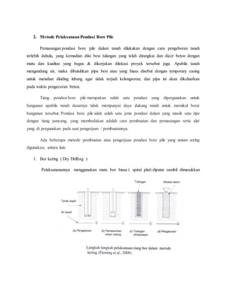 2. Metode Pelaksanaan Pondasi Bore Pile
Pemasangan pondasi bore pile dalam tanah dilakukan dengan cara pengeboran tanah
terlebih dahulu, yang kemudian diisi besi tulangan yang telah dirangkai dan dicor beton dengan
mutu dan kualitas yang bagus & dikerjakan dilokasi proyek tersebut juga. Apabila tanah
mengandung air, maka dibutuhkan pipa besi atau yang biasa disebut dengan temporary casing
untuk menahan dinding lubang agar tidak terjadi kelongsoran, dan pipa ini akan dikeluarkan
pada waktu pengecoran beton.
Tiang pondasi bore pile merupakan salah satu pondasi yang dipergunakan untuk
bangunan apabila tanah dasarnya tidak mempunyai daya dukung tanah untuk memikul berat
bangunan tersebut. Pondasi bore pile ialah salah satu jenis pondasi dalam yang masih satu tipe
dengan tiang pancang, yang membedakan adalah cara pembuatan dan pemasangan serta alat
yang di pergunakan pada saat pengerjaan / pembuatannya.
Ada beberapa metode pembuatan atau pengerjaan pondasi bore pile yang umum sering
digunakan, antara lain:
1. Bor kering ( Dry Drilling )
Pelaksananannya menggunakan mata bor biasa ( spiral plat) diputar sambil dimasukkan
 