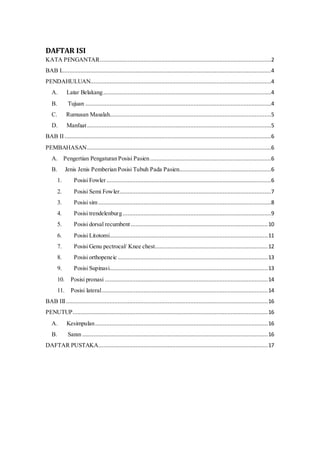 DAFTAR ISI
KATA PENGANTAR..........................................................................................................2
BAB I..................................................................................................................................4
PENDAHULUAN................................................................................................................4
A. Latar Belakang........................................................................................................4
B. Tujuan ...................................................................................................................4
C. Rumusan Masalah....................................................................................................5
D. Manfaat..................................................................................................................5
BAB II................................................................................................................................6
PEMBAHASAN..................................................................................................................6
A. Pengertian Pengaturan Posisi Pasien...........................................................................6
B. Jenis Jenis Pemberian Posisi Tubuh Pada Pasien.........................................................6
1. Posisi Fowler......................................................................................................6
2. Posisi Semi Fowler..............................................................................................7
3. Posisi sim ...........................................................................................................8
4. Posisi trendelenburg............................................................................................9
5. Posisi dorsal recumbent.....................................................................................10
6. Posisi Litotomi..................................................................................................11
7. Posisi Genu pectrocal/ Knee chest......................................................................12
8. Posisi orthopeneic .............................................................................................13
9. Posisi Supinasi..................................................................................................13
10. Posisi pronasi .....................................................................................................14
11. Posisi lateral.......................................................................................................14
BAB III.............................................................................................................................16
PENUTUP.........................................................................................................................16
A. Kesimpulan...........................................................................................................16
B. Saran ...................................................................................................................16
DAFTAR PUSTAKA.........................................................................................................17
 