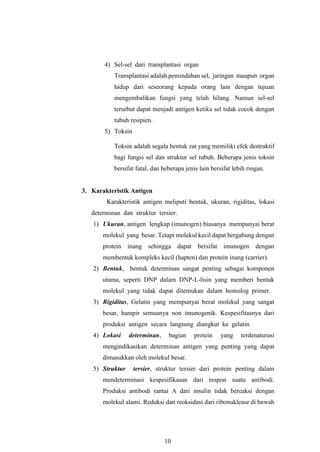 10
4) Sel-sel dari transplantasi organ
Transplantasi adalah pemindahan sel, jaringan maupun organ
hidup dari seseorang kepada orang lain dengan tujuan
mengembalikan fungsi yang telah hilang. Namun sel-sel
tersebut dapat menjadi antigen ketika sel tidak cocok dengan
tubuh resipien.
5) Toksin
Toksin adalah segala bentuk zat yang memiliki efek destruktif
bagi fungsi sel dan struktur sel tubuh. Beberapa jenis toksin
bersifat fatal, dan beberapa jenis lain bersifat lebih ringan.
3. Karakteristik Antigen
Karakteristik antigen meliputi bentuk, ukuran, rigiditas, lokasi
determinan dan struktur tersier.
1) Ukuran, antigen lengkap (imunogen) biasanya mempunyai berat
molekul yang besar. Tetapi molekul kecil dapat bergabung dengan
protein inang sehingga dapat bersifat imunogen dengan
membentuk kompleks kecil (hapten) dan protein inang (carrier).
2) Bentuk, bentuk determinan sangat penting sebagai komponen
utama, seperti DNP dalam DNP-L-lisin yang memberi bentuk
molekul yang tidak dapat ditemukan dalam homolog primer.
3) Rigiditas, Gelatin yang mempunyai berat molekul yang sangat
besar, hampir semuanya non imunogenik. Kespesifitasnya dari
produksi antigen secara langsung diangkut ke gelatin.
4) Lokasi determinan, bagian protein yang terdenaturasi
mengindikasikan determinan antigen yang penting yang dapat
dimasukkan oleh molekul besar.
5) Struktur tersier, struktur tersier dari protein penting dalam
mendeterminasi kespesifikasan dari respon suatu antibodi.
Produksi antibodi rantai A dari insulin tidak bereaksi dengan
molekul alami. Reduksi dan reoksidasi dari ribonuklease di bawah
 