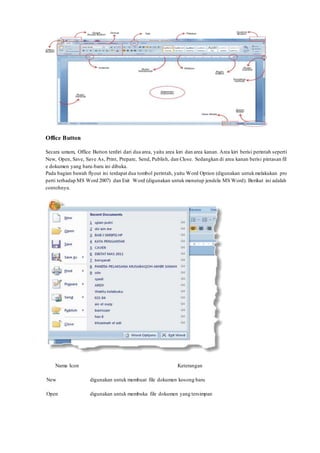 Office Button
Secara umum, Office Button terdiri dari dua area, yaitu area kiri dan area kanan. Area kiri berisi perintah seperti
New, Open, Save, Save As, Print, Prepare, Send, Publish, dan Close. Sedangkan di area kanan berisi pintasan fil
e dokumen yang baru-baru ini dibuka.
Pada bagian bawah flyout ini terdapat dua tombol perintah, yaitu Word Option (digunakan untukmelakukan pro
perti terhadap MS Word 2007) dan Exit Word (digunakan untuk menutup jendela MS Word). Berikut ini adalah
contohnya.
Nama Icon Keterangan
New digunakan untuk membuat file dokumen kosong baru
Open digunakan untuk membuka file dokumen yang tersimpan
 