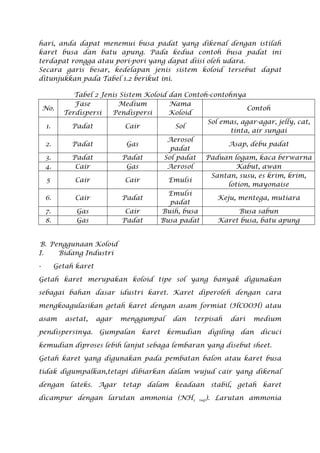 hari, anda dapat menemui busa padat yang dikenal dengan istilah
karet busa dan batu apung. Pada kedua contoh busa padat ini
terdapat rongga atau pori-pori yang dapat diisi oleh udara.
Secara garis besar, kedelapan jenis sistem koloid tersebut dapat
ditunjukkan pada Tabel 1.2 berikut ini.
Tabel 2 Jenis Sistem Koloid dan Contoh-contohnya
No.
Fase
Terdispersi
Medium
Pendispersi
Nama
Koloid
Contoh
1. Padat Cair Sol
Sol emas, agar-agar, jelly, cat,
tinta, air sungai
2. Padat Gas
Aerosol
padat
Asap, debu padat
3. Padat Padat Sol padat Paduan logam, kaca berwarna
4. Cair Gas Aerosol Kabut, awan
5 Cair Cair Emulsi
Santan, susu, es krim, krim,
lotion, mayonaise
6. Cair Padat
Emulsi
padat
Keju, mentega, mutiara
7. Gas Cair Buih, busa Busa sabun
8. Gas Padat Busa padat Karet busa, batu apung
B. Penggunaan Koloid
I. Bidang Industri
- Getah karet
Getah karet merupakan koloid tipe sol yang banyak digunakan
sebagai bahan dasar idustri karet. Karet diperoleh dengan cara
mengkoagulasikan getah karet dengan asam formiat (HCOOH) atau
asam asetat, agar menggumpal dan terpisah dari medium
pendispersinya. Gumpalan karet kemudian digiling dan dicuci
kemudian diproses lebih lanjut sebaga lembaran yang disebut sheet.
Getah karet yang digunakan pada pembatan balon atau karet busa
tidak digumpalkan,tetapi dibiarkan dalam wujud cair yang dikenal
dengan lateks. Agar tetap dalam keadaan stabil, getah karet
dicampur dengan larutan ammonia (NH3 (aq)). Larutan ammonia
 