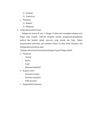 2) Seriation
3) Transitivity
c. Penalaran:
1) Induktif
2) Dedukatif
4. Tahap Operasional Formal
Tahapan ini mencul di usia 11 hingga 15 tahun dan merupakan tahapan teori
Piaget yang terakhir. Individu bergerak melalui pengalaman-pengalaman
konkret dan berpikir dalam cara-cara yang abstrak dan logis. Dalam
menyelesaikan persoalan, para pemikir formal ini akan lebih sistematis dan
menggunakan pemikiran logis.
Tahapan operasional formal perkembangan kognitif Piaget adalah:
a. Pemikiran:
- Abstrak
- Idealis
- Logis
- Hipotesis-dedukatif
b. Kognisi sosial:
- Egosentris remaja
- Penonton imajinatif
- Fable personal
c. Pengambilan keputusan
 