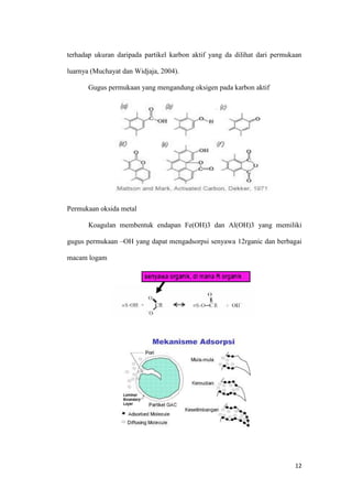 terhadap ukuran daripada partikel karbon aktif yang da dilihat dari permukaan

luarnya (Muchayat dan Widjaja, 2004).

       Gugus permukaan yang mengandung oksigen pada karbon aktif




Permukaan oksida metal

       Koagulan membentuk endapan Fe(OH)3 dan Al(OH)3 yang memiliki

gugus permukaan –OH yang dapat mengadsorpsi senyawa 12rganic dan berbagai

macam logam




                                                                          12
 