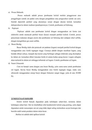 a) Proses Mekanik
Proses mekanik adalah proses pembuatan koloid melalui penggerusan atau
penggilingan (untuk zat padat) serta dengan pengadukan atau pengocokan (untuk zat cair).
Setelah diperoleh partikel yang ukurannya sesuai dengan ukuran koloid, kemudian
didispersikan ke dalam medium (pendispersinya). Contoh, pembuatan sol belerang.
b) Peptisasi
Peptisasi adalah cara pembuatan koloid dengan menggunakan zat kimia (zat
elektrolit) untuk memecah partikel besar (kasar) menjadi partikel koloid. Contoh, proses
pencernaan makanan dengan enzim dan pembuatan sol belerang dari endapan nikel sulfida,
dengan mengalirkan gas asam sulfida.
c) Busur Bredig
Busur Bredig ialah alat pemecah zat padatan (logam) menjadi partikel koloid dengan
menggunakan arus listrik tegangan tinggi. Caranya adalah dengan membuat logam, yang
hendak dibuat solnya, menjadi dua kawat yang berfungsi sebagai elektrode yang dicelupkan
ke dalam air; kemudian diberi loncatan listrik di antara kedua ujung kawat. Logam sebagian
akan meluruh ke dalam air sehingga terbentuk sol logam. Contoh, pembuatan sol logam.
d) Suara Ultrasonik
Cara ini hampir sama dengan cara busur Bredig, yaitu sama-sama untuk pembuatan
sol logam. Ka1au busur Bredig menggunakan arus listrik tegangan tinggi, maka cara
ultrasonik menggunakan energi bunyi dengan frekuensi sangat tinggi, yaitu di atas 20.000
Hz.
2.5 KEGUNAAN KOLOID
Sistem koloid banyak digunakan pada kehidupan sehari-hari, terutama dalam
kehidupan sehari-hari. Hal ini disebabkan sifat karakteristik koloid yang penting, yaitu dapat
digunakan untuk mencampur zat-zat yang tidak dapat saling melarutkan secara homogen dan
bersifat stabil untuk produksi dalam skala besar.
Berikut ini adalah tabel aplikasi koloid:
 