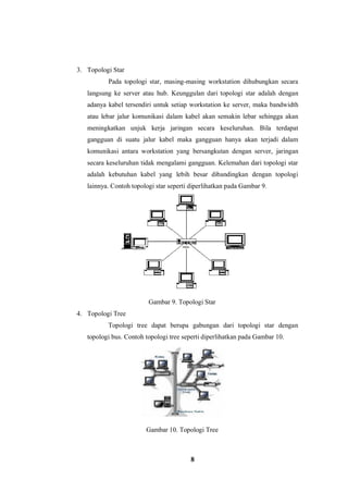 8
3. Topologi Star
Pada topologi star, masing-masing workstation dihubungkan secara
langsung ke server atau hub. Keunggulan dari topologi star adalah dengan
adanya kabel tersendiri untuk setiap workstation ke server, maka bandwidth
atau lebar jalur komunikasi dalam kabel akan semakin lebar sehingga akan
meningkatkan unjuk kerja jaringan secara keseluruhan. Bila terdapat
gangguan di suatu jalur kabel maka gangguan hanya akan terjadi dalam
komunikasi antara workstation yang bersangkutan dengan server, jaringan
secara keseluruhan tidak mengalami gangguan. Kelemahan dari topologi star
adalah kebutuhan kabel yang lebih besar dibandingkan dengan topologi
lainnya. Contoh topologi star seperti diperlihatkan pada Gambar 9.
Gambar 9. Topologi Star
4. Topologi Tree
Topologi tree dapat berupa gabungan dari topologi star dengan
topologi bus. Contoh topologi tree seperti diperlihatkan pada Gambar 10.
Gambar 10. Topologi Tree
 