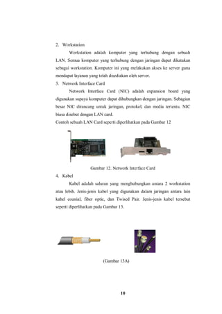 10
2. Workstation
Workstation adalah komputer yang terhubung dengan sebuah
LAN. Semua komputer yang terhubung dengan jaringan dapat dikatakan
sebagai workstation. Komputer ini yang melakukan akses ke server guna
mendapat layanan yang telah disediakan oleh server.
3. Network Interface Card
Network Interface Card (NIC) adalah expansion board yang
digunakan supaya komputer dapat dihubungkan dengan jaringan. Sebagian
besar NIC dirancang untuk jaringan, protokol, dan media tertentu. NIC
biasa disebut dengan LAN card.
Contoh sebuah LAN Card seperti diperlihatkan pada Gambar 12
Gambar 12. Network Interface Card
4. Kabel
Kabel adalah saluran yang menghubungkan antara 2 workstation
atau lebih. Jenis-jenis kabel yang digunakan dalam jaringan antara lain
kabel coaxial, fiber optic, dan Twised Pair. Jenis-jenis kabel tersebut
seperti diperlihatkan pada Gambar 13.
(Gambar 13A)
 