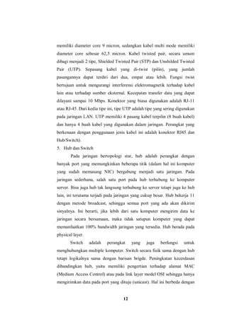 12
memiliki diameter core 9 micron, sedangkan kabel multi mode memiliki
diameter core sebesar 62,5 micron. Kabel twisted pair, secara umum
dibagi menjadi 2 tipe, Shielded Twisted Pair (STP) dan Unshilded Twisted
Pair (UTP). Sepasang kabel yang di-twist (pilin), yang jumlah
pasangannya dapat terdiri dari dua, empat atau lebih. Fungsi twist
bertujuan untuk mengurangi interferensi elektromagnetik terhadap kabel
lain atau terhadap sumber eksternal. Kecepatan transfer data yang dapat
dilayani sampai 10 Mbps. Konektor yang biasa digunakan adalah RJ-11
atau RJ-45. Dari kedia tipe ini, tipe UTP adalah tipe yang sering digunakan
pada jaringan LAN. UTP memiliki 4 pasang kabel terpilin (8 buah kabel)
dan hanya 4 buah kabel yang digunakan dalam jaringan. Perangkat yang
berkenaan dengan penggunaan jenis kabel ini adalah konektor RJ45 dan
Hub/Switch).
5. Hub dan Switch
Pada jaringan bertopologi star, hub adalah perangkat dengan
banyak port yang memungkinkan beberapa titik (dalam hal ini komputer
yang sudah memasang NIC) bergabung menjadi satu jaringan. Pada
jaringan sederhana, salah satu port pada hub terhubung ke komputer
server. Bisa juga hub tak langsung terhubung ke server tetapi juga ke hub
lain, ini terutama terjadi pada jaringan yang cukup besar. Hub bekerja 11
dengan metode broadcast, sehingga semua port yang ada akan dikirim
sinyalnya. Ini berarti, jika lebih dari satu komputer mengirim data ke
jaringan secara bersamaan, maka tidak satupun komputer yang dapat
memanfaatkan 100% bandwidth jaringan yang tersedia. Hub berada pada
physical layer.
Switch adalah perangkat yang juga berfungsi untuk
menghubungkan multiple komputer. Switch secara fisik sama dengan hub
tetapi logikalnya sama dengan barisan brigde. Peningkatan kecerdasan
dibandingkan hub, yaitu memiliki pengertian terhadap alamat MAC
(Medium Access Control) atau pada link layer model OSI sehingga hanya
mengirimkan data pada port yang dituju (unicast). Hal ini berbeda dengan
 