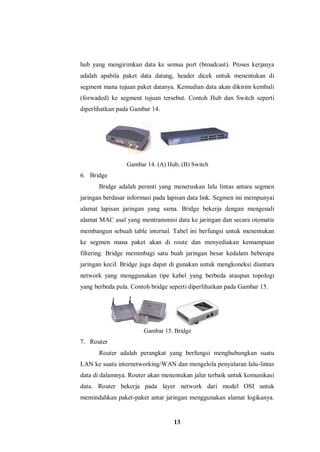 13
hub yang mengirimkan data ke semua port (broadcast). Proses kerjanya
adalah apabila paket data datang, header dicek untuk menentukan di
segment mana tujuan paket datanya. Kemudian data akan dikirim kembali
(forwaded) ke segment tujuan tersebut. Contoh Hub dan Switch seperti
diperlihatkan pada Gambar 14.
Gambar 14. (A) Hub; (B) Switch
6. Bridge
Bridge adalah peranti yang meneruskan lalu lintas antara segmen
jaringan berdasar informasi pada lapisan data link. Segmen ini mempunyai
alamat lapisan jaringan yang sama. Bridge bekerja dengan mengenali
alamat MAC asal yang mentransmisi data ke jaringan dan secara otomatis
membangun sebuah table internal. Tabel ini berfungsi untuk menentukan
ke segmen mana paket akan di route dan menyediakan kemampuan
filtering. Bridge memmbagi satu buah jaringan besar kedalam beberapa
jaringan kecil. Bridge juga dapat di gunakan untuk mengkoneksi diantara
network yang menggunakan tipe kabel yang berbeda ataupun topologi
yang berbeda pula. Contoh bridge seperti diperlihatkan pada Gambar 15.
Gambar 15. Bridge
7. Router
Router adalah perangkat yang berfungsi menghubungkan suatu
LAN ke suatu internetworking/WAN dan mengelola penyaluran lalu-lintas
data di dalamnya. Router akan menentukan jalur terbaik untuk komunikasi
data. Router bekerja pada layer network dari model OSI untuk
memindahkan paket-paket antar jaringan menggunakan alamat logikanya.
 