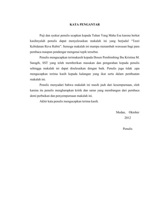 KATA PENGANTAR


       Puji dan syukur penulis ucapkan kepada Tuhan Yang Maha Esa karena berkat
kasihnyalah penulis dapat menyelesaikan makalah ini yang berjudul “Teori
Kebidanan Reva Rubin”. Semoga makalah ini mampu menambah wawasan bagi para
pembaca maupun pendengar mengenai topik tersebut.
       Penulis mengucapkan terimakasih kepada Dosen Pembimbing Ibu Kristina M.
Saragih, SST yang telah memberikan masukan dan pengarahan kepada penulis
sehingga makalah ini dapat diselesaikan dengan baik. Penulis juga tidak ;upa
mengucapkan terima kasih kepada kalangan yang ikut serta dalam pembuatan
makalah ini.
       Penulis menyadari bahwa makalah ini masih jauh dari kesempurnaan, oleh
karena itu penulis mengharapkan kritik dan saran yang membangun dari pembaca
demi perbaikan dan penyempurnaan makalah ini.
       Akhir kata penulis mengucapkan terima kasih.


                                                              Medan,   Oktober
                                                                    2012


                                                                   Penulis
 