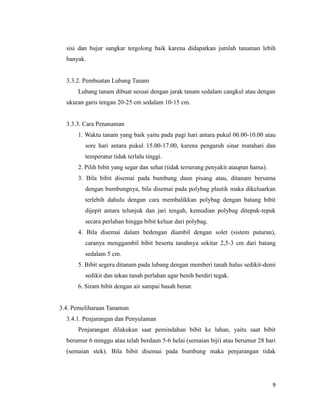 9
sisi dan bujur sangkar tergolong baik karena didapatkan jumlah tanaman lebih
banyak.
3.3.2. Pembuatan Lubang Tanam
Lubang tanam dibuat sesuai dengan jarak tanam sedalam cangkul atau dengan
ukuran garis tengan 20-25 cm sedalam 10-15 cm.
3.3.3. Cara Penanaman
1. Waktu tanam yang baik yaitu pada pagi hari antara pukul 06.00-10.00 atau
sore hari antara pukul 15.00-17.00, karena pengaruh sinar matahari dan
temperatur tidak terlalu tinggi.
2. Pilih bibit yang segar dan sehat (tidak terserang penyakit ataupun hama).
3. Bila bibit disemai pada bumbung daun pisang atau, ditanam bersama
dengan bumbungnya, bila disemai pada polybag plastik maka dikeluarkan
terlebih dahulu dengan cara membalikkan polybag dengan batang bibit
dijepit antara telunjuk dan jari tengah, kemudian polybag ditepuk-tepuk
secara perlahan hingga bibit keluar dari polybag.
4. Bila disemai dalam bedengan diambil dengan solet (sistem putaran),
caranya menggambil bibit beserta tanahnya sekitar 2,5-3 cm dari batang
sedalam 5 cm.
5. Bibit segera ditanam pada lubang dengan memberi tanah halus sedikit-demi
sedikit dan tekan tanah perlahan agar benih berdiri tegak.
6. Siram bibit dengan air sampai basah benar.
3.4. Pemeliharaan Tanaman
3.4.1. Penjarangan dan Penyulaman
Penjarangan dilakukan saat pemindahan bibit ke lahan, yaitu saat bibit
berumur 6 minggu atau telah berdaun 5-6 helai (semaian biji) atau berumur 28 hari
(semaian stek). Bila bibit disemai pada bumbung maka penjarangan tidak
 