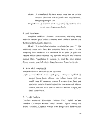 17
Gejala: (1) bercak-bercak berwarna coklat muda atau tua bergaris
konsentris pada daun; (2) menyerang akar, pangkal batang,
batang maupun bagian lain.
Pengendalian: (1) menanam benih yang sehat; (2) perlakuan benih
seperti pada poin penyiapan benih.
5. Busuk lunak berair
Penyebab: cendawan Sclerotinia scelerotiorumI, menyerang batang
dan daun terutama pada luka-luka tanaman akibat kerusakan mekanis dan
dapat menyebar melalui biji dan spora.
Gejala: (1) pertumbuhan terhambat, membusuk lalu mati; (2) bila
menyerang batang, maka daun akan menguning, layu dan rontok; (3) bila
menyerang daun, maka daun akan membusuk dan berlendir; (4) gejala lain
terdapat rumbai-rumbai cendawan yang berwarna putih dan lama-kelamaan
menjadi hitam. Pengendalian: (1) gunakan biji sehat dan rotasi tanaman
dengan tanaman yang tidak sejenis. (2) pemberantasan dengan insektisida.
6. Semai roboh (dumping off)
Penyebab: cendawan Rhizitonia sp. dan Phytium sp.
Gejala: (1) bercak-bercak kebasahan pada pangkal batang atau hipokotil; (2)
pangkal batang busuk sehingga menyebabkan batang rebah dan
mudah putus; (3) menyerang tanaman di semaian, tetapi dapat pula
menyerang tanaman di lahan. Pengendalian: perlakuan benih sebelum
ditanam, sterilisasi media semaian dan rotasi tanaman dengan jenis
selain kubis-kubisan.
7. Penyakit Fisiologis
Penyebab: Organisme Pengganggu Tanaman (OPT) disebut penyakit
fisiologis. Kekurangan Nitrogen: bunga kecil-kecil seperti kancing atau
disebut "Botoning". Kelebihan Nitrogen warna bunga kelabu dan berukuran
 