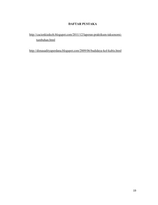 19
DAFTAR PUSTAKA
http://cacienkiedezh.blogspot.com/2011/12/laporan-praktikum-taksonomi-
tumbuhan.html
http://dimasadityaperdana.blogspot.com/2009/06/budidaya-kol-kubis.html
 