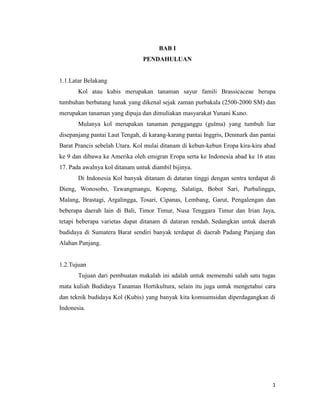 1
BAB I
PENDAHULUAN
1.1.Latar Belakang
Kol atau kubis merupakan tanaman sayur famili Brassicaceae berupa
tumbuhan berbatang lunak yang dikenal sejak zaman purbakala (2500-2000 SM) dan
merupakan tanaman yang dipuja dan dimuliakan masyarakat Yunani Kuno.
Mulanya kol merupakan tanaman pengganggu (gulma) yang tumbuh liar
disepanjang pantai Laut Tengah, di karang-karang pantai Inggris, Denmark dan pantai
Barat Prancis sebelah Utara. Kol mulai ditanam di kebun-kebun Eropa kira-kira abad
ke 9 dan dibawa ke Amerika oleh emigran Eropa serta ke Indonesia abad ke 16 atau
17. Pada awalnya kol ditanam untuk diambil bijinya.
Di Indonesia Kol banyak ditanam di dataran tinggi dengan sentra terdapat di
Dieng, Wonosobo, Tawangmangu, Kopeng, Salatiga, Bobot Sari, Purbalingga,
Malang, Brastagi, Argalingga, Tosari, Cipanas, Lembang, Garut, Pengalengan dan
beberapa daerah lain di Bali, Timor Timur, Nusa Tenggara Timur dan Irian Jaya,
tetapi beberapa varietas dapat ditanam di dataran rendah. Sedangkan untuk daerah
budidaya di Sumatera Barat sendiri banyak terdapat di daerah Padang Panjang dan
Alahan Panjang.
1.2.Tujuan
Tujuan dari pembuatan makalah ini adalah untuk memenuhi salah satu tugas
mata kuliah Budidaya Tanaman Hortikultura, selain itu juga untuk mengetahui cara
dan teknik budidaya Kol (Kubis) yang banyak kita komsumsidan diperdagangkan di
Indonesia.
 