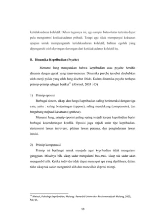 10
ketidaksadaran kolektif. Dalam tugasnya ini, ego sampai batas-batas tertentu dapat
pula mengontrol ketidaksadaran pribadi. Tetapi ego tidak mempunyai kekuatan
apapun untuk mempengaruhi ketidaksadaran kolektif, bahkan egolah yang
dipengaruhi oleh dorongan-dorongan dari ketidaksadaran kolektif itu.
B. Dinamika Kepribadian (Psyche)
Menurut Jung menyatakan bahwa kepribadian atau psyche bersifat
dinamis dengan gerak yang terus-menerus. Dinamika psyche tersebut disebabkan
oleh enerji psikis yang oleh Jung disebut libido. Dalam dinamika psyche terdapat
prinsip-prinsip sebagai berikut13
(Alwisol, 2005 : 65)
1) Prinsip oposisi
Berbagai sistem, sikap, dan fungsi kepribadian saling berinteraksi dengan tiga
cara, yaitu : saling bertentangan (oppose), saling mendukung (compensate), dan
bergabung mejnadi kesatuan (synthese).
Menurut Jung, prinsip oposisi paling sering terjadi karena kepribadian berisi
berbagai kecenderungan konflik. Oposisi juga terjadi antar tipe kepribadian,
ekstraversi lawan introversi, pikiran lawan perasaa, dan penginderaan lawan
intuisi.
2) Prinsip kompensasi
Prinsip ini berfungsi untuk menjada agar kepribadian tidak mengalami
gangguan. Misalnya bila sikap sadar mengalami frus-trasi, sikap tak sadar akan
mengambil alih. Ketika individu tidak dapat mencapai apa yang dipilihnya, dalam
tidur sikap tak sadar mengambil alih dan muncullah ekpresi mimpi.
13
Alwisol, Psikologi Kepribadian, Malang : Penerbit Universitas Muhammadyah Malang, 2005,
hal. 65.
 