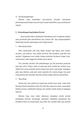 11
3) Prinsip penggabungan
Menurut Jung, kepribadian terus-menerus berusaha menyatukan
pertentangan-pertentangan yang ada agar tercapai kepribadian yang seimbang dan
integral.
C. Perkembangan Kepribadian (Psyche)
Jung meyakini bahwa kepribadian berkembang lewat serangkaian tahapan
yang memuncak pada individualisasi atau realisasi diri. Jung mengelompokkan
tahap hidup menjadi empat bagian yaitu sebagai berikut.
1. Masa Kanak-kanak
Masa kanak-kanak oleh Jung dibagi menjadi tiga bagian yaitu anarkis,
monarkis, dan dualistis. Fase anarkis dicirikan oleh kesadaran yang khas dan
sporadis. Pengalaman masa anarkis kadang memasuki kesadaran sebagai imaji-
imaji primitif, tidak sanggup diverbalkan secara akurat.
Fase monarkis dicirikan oleh perkembangan ego dan permulaan pemikiran
logis dan verbal. Selama waktu ini anak-anak mulai melihat diri mereka secara
objektif dan sering menyebut dirinya dengan kata ganti orang ketiga. Sedangkan
pada masa dualistis, anak-anak mulai menyebut diri mereka dengan kata ganti
orang pertama dan menyadari eksistensi mereka sebagai individu yang berbeda.
2. Masa Muda
Periode dari masa pubertas ke paruh baya disebut masa muda. Anak muda
berjuang meraih kemandirian psikis dan fisik dari orang tua mereka, menemukan
belahan jiwanya, membentuk keluarga, dan merebut sebuah tempat di panggung
dunia ini.
Menurut Jung, masa muda seharusnya merupakan sebuah periode
peningkatan aktivitas, kematangan seksualitas, tumbuhnya pemahaman dan
kesadaran bahwa era kanak-kanak yang bebas dari masalah tidak akan kembali
 