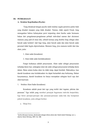 3
III. PEMBAHASAN
A. Struktur Kepribadian (Psyche)
Yang dimaksud dengan psyche ialah totalitas segala peristiwa psikis baik
yang disadari maupun yang tidak disadari. Namun, tidak seperti Freud, Jung
menegaskan bahwa kebanyakan porsi terpenting alam bawha sadar bermuara
bukan dari pengalaman-pengalaman pribadi individual namun dari eksistensi
manusia yang jauh di masa lalu, sebuah konsep yang disebut Jung sebagai alam
bawah sadar kolektif. Jadi bagi Jung, alam bawah sadar dan alam bawah sadar
personal tidak begitu diprioritaskan. Menurut Jung, jiwa manusia terdiri dari dua
alam, yaitu:
1. Alam sadar (kesadaran)
2. Alam tidak sadar (ketidaksadaran)
Fungsi keduanya adalah penyesuaian. Alam sadar sebagai penyesuaian
terhadap dunia luar, sedangkan alam tak sadar sebagai penyesuaian terhadap dunia
dalam. Batas antara kedua alam itu tidak tetap, dapat berubah. Maksudnya, luas
daerah kesadaran atau ketidaksadarn itu dapat bertambah atau berkurang. Dalam
kenyataannya, daerah kesadaran itu hanya merupakan sebagian kecil saja dari
alam kejiwaan.
1. Struktur Alam Sadar (kesadaran)
Kesadaran adalah pusat dari ego yang terdiri dari ingatan, pikiran dan
perasaan.1
Ego inilah yang memberi petunjuk bagaimana individu berperilaku.
Ego berisi persepsi-persepsi dan perasaan-perasaan sadar.Ada dua komponen
pokok kesadaran, yaitu sebagai berikut.
a. Sikap Jiwa
1
Sarlito Wirawan Sarwoo, Berkenalan dengan Aliran-aliran dan Tokoh-tokoh Psikologi, cet. 1,
Jakarta: Bulan Bintang, 1987, hal. 188.
 