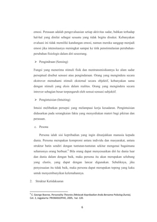 6
emosi. Perasaan adalah pengevaluasian setiap aktivitas sadar, bahkan terhadap
hal-hal yang dinilai sebagai sesuatu yang tidak begitu disukai. Kebanyakan
evaluasi ini tidak memiliki kandungan emosi, namun mereka sanggup menjadi
emosi jika intensitasnya meningkat sampai ke titik penstimulasian perubahan-
perubahan fisiologis dalam diri seseorang.
 Pengindraan (Sensing)
Fungsi yang menerima stimuli fisik dan mentransmisikannya ke alam sadar
perseptual disebut sensasi atau pengindaraan. Orang yang mengindera secara
ekstrover memahami stimuli eksternal secara objektif, kebanyakan sama
dengan stimuli yang eksis dalam realitas. Orang yang mengindera secara
introver sebagian besar terpengaruh oleh sensai-sensasi subjektif.
 Pengintuisian (Intuiting)
Intuisi melibatkan persepsi yang melampaui kerja kesadaran. Pengintuisian
didasarkan pada serangkaian fakta yang menyediakan materi bagi pikiran dan
perasaan.
c. Pesona
Persona ialah sisi kepribadian yang ingin ditunjukkan manusia kepada
dunia. Persona merupakan kompromi antara individu dan masyarakat, antara
struktur batin sendiri dengan tuntutan-tuntutan sekitar mengenai bagaimana
seharusnya orang berbuat.4
Bila orang dapat menyesuaikan diri ke dunia luar
dan dunia dalam dengan baik, maka persona itu akan merupakan selubung
yang elastis, yang dapat dengan lancar digunakan. Sebaliknya, jika
penyesuaian itu tidak baik, maka persona dapat merupakan topeng yang kaku
untuk menyembunyikan kelemahannya.
2. Struktur Ketidaksaran
4
C. George Boeree, Personality Theories (Melacak Kepribadian Anda Bersama Psikolog Dunia),
Cet. 2, Jogjakarta: PRISMASOPHIE, 2005, hal. 120.
 