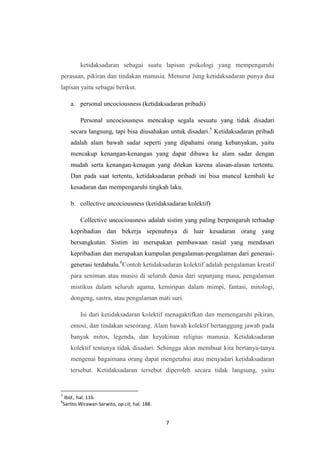 7
ketidaksadaran sebagai suatu lapisan psikologi yang mempengaruhi
perasaan, pikiran dan tindakan manusia. Menurut Jung ketidaksadaran punya dua
lapisan yaitu sebagai berikut.
a. personal uncociousness (ketidaksadaran pribadi)
Personal uncociousness mencakup segala sesuatu yang tidak disadari
secara langsung, tapi bisa diusahakan untuk disadari.5
Ketidaksadaran pribadi
adalah alam bawah sadar seperti yang dipahami orang kebanyakan, yaitu
mencakup kenangan-kenangan yang dapat dibawa ke alam sadar dengan
mudah serta kenangan-kenagan yang ditekan karena alasan-alasan tertentu.
Dan pada saat tertentu, ketidaksadaran pribadi ini bisa muncul kembali ke
kesadaran dan mempengaruhi tingkah laku.
b. collective uncociousness (ketidaksadaran kolektif)
Collective uncociousness adalah sistim yang paling berpengaruh terhadap
kepribadian dan bekerja sepenuhnya di luar kesadaran orang yang
bersangkutan. Sistim ini merupakan pembawaan rasial yang mendasari
kepribadian dan merupakan kumpulan pengalaman-pengalaman dari generasi-
generasi terdahulu.6
Contoh ketidaksadaran kolektif adalah pengalaman kreatif
para seniman atau musisi di seluruh dunia dari sepanjang masa, pengalaman
mistikus dalam seluruh agama, kemiripan dalam mimpi, fantasi, mitologi,
dongeng, sastra, atau pengalaman mati suri.
Isi dari ketidaksadaran kolektif menagaktifkan dan memengaruhi pikiran,
emosi, dan tindakan seseorang. Alam bawah kolektif bertanggung jawab pada
banyak mitos, legenda, dan keyakinan religius manusia. Ketidaksadaran
kolektif tentunya tidak disadari. Sehingga akan membuat kita bertanya-tanya
mengenai bagaimana orang dapat mengetahui atau menyadari ketidaksadaran
tersebut. Ketidaksadaran tersebut diperoleh secara tidak langsung, yaitu
5
Ibid., hal. 116.
6
Sarlito Wirawan Sarwito, op.cit, hal. 188.
 