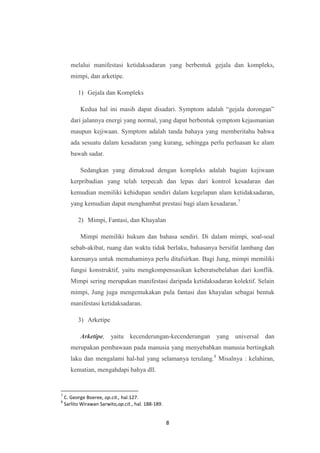 8
melalui manifestasi ketidaksadaran yang berbentuk gejala dan kompleks,
mimpi, dan arketipe.
1) Gejala dan Kompleks
Kedua hal ini masih dapat disadari. Symptom adalah “gejala dorongan”
dari jalannya energi yang normal, yang dapat berbentuk symptom kejasmanian
maupun kejiwaan. Symptom adalah tanda bahaya yang memberitahu bahwa
ada sesuatu dalam kesadaran yang kurang, sehingga perlu perluasan ke alam
bawah sadar.
Sedangkan yang dimaksud dengan kompleks adalah bagian kejiwaan
kerpribadian yang telah terpecah dan lepas dari kontrol kesadaran dan
kemudian memiliki kehidupan sendiri dalam kegelapan alam ketidaksadaran,
yang kemudian dapat menghambat prestasi bagi alam kesadaran.7
2) Mimpi, Fantasi, dan Khayalan
Mimpi memiliki hukum dan bahasa sendiri. Di dalam mimpi, soal-soal
sebab-akibat, ruang dan waktu tidak berlaku, bahasanya bersifat lambang dan
karenanya untuk memahaminya perlu ditafsirkan. Bagi Jung, mimpi memiliki
fungsi konstruktif, yaitu mengkompensasikan keberatsebelahan dari konflik.
Mimpi sering merupakan manifestasi daripada ketidaksadaran kolektif. Selain
mimpi, Jung juga mengemukakan pula fantasi dan khayalan sebagai bentuk
manifestasi ketidaksadaran.
3) Arketipe
Arketipe, yaitu kecenderungan-kecenderungan yang universal dan
merupakan pembawaan pada manusia yang menyebabkan manusia bertingkah
laku dan mengalami hal-hal yang selamanya terulang.8
Misalnya : kelahiran,
kematian, mengahdapi bahya dll.
7
C. George Boeree, op.cit., hal.127.
8
Sarlito Wirawan Sarwito,op.cit., hal. 188-189.
 