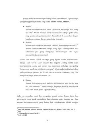 9
Konsep archetipe sama dengan insting dalam konsep Freud. Tiga archetipe
yang paling penting menurut Jung adalah anima, animus, shadow.
 Anima
Adalah unsur feminim atau unsur kewanitaan, khususnya pada orang
laki-laki.9
Anima biasanya dipersonoifikasikan sebagai gadis kecil,
yang spontan sebagai nenek sihir. Anima lebih di asosiasikan dengan
kedalaman perasaan dan kekuatan hidup itu sendiri.
 Animus
Adalah unsur maskulin atau unsur laki-laki, khususnya pada wanita.10
Animus dipersonifikasikan sebagai orang bijak, seorang dukun atau
sekawanan pria yang mempunyai kecenderungan sifat logis,
rasionalistik dan argumentatif.
Anima dan animus adalah archetipe yang dipakai ketika berkomunikasi
dengan alam bawah sadar kolektif dan berperan penting ketika ingin
menyelaminya. Anima dan animus juga merupakan archetipe yang paling
bertanggung jawab atas kehidupan cinta kita.11
Misalnya ketika kita jatuh cinta
pada pandangan pertama itu berarti kita menemukan seseorang yang bisa
mengisi archetipe anima atau animus kita.
 Shadow
Shadow (bayangan) adalah archetipe kebinatangan atau disebut pula
sisi jahat manusia.12
Pada dasarnya, bayangan bersifat amoral-tidak
baik, tidak buruk, persis seperti binatang.
Jadi, ego meupakan pusat dan merupakan tempat kontak dengan dunia luar
mempunyai tugas untuk mengadakan keseimbangan antara tuntutan dari luar
dengan dorongan-dorongan yang datang dari ketidaksadaran pribadi maupun
9
Jonh W.M. Verhaar, Identitas Manusia, Yogyakarta: KANISIUS (Anggota IKAPI), 1989, hal. 37.
10
Ibid.
11
C. George Boeree, op.cit, hal. 122.
12
Ibid., hal. 120.
 