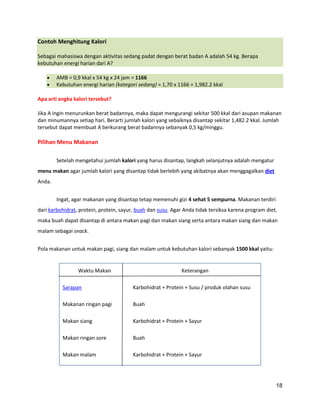 Contoh Menghitung Kalori
Sebagai mahasiswa dengan aktivitas sedang padat dengan berat badan A adalah 54 kg. Berapa
kebutuhan energi harian dari A?
AMB = 0,9 kkal x 54 kg x 24 jam = 1166
Kebutuhan energi harian (kategori sedang) = 1,70 x 1166 = 1,982.2 kkal
Apa arti angka kalori tersebut?
Jika A ingin menurunkan berat badannya, maka dapat mengurangi sekitar 500 kkal dari asupan makanan
dan minumannya setiap hari. Berarti jumlah kalori yang sebaiknya disantap sekitar 1,482.2 kkal. Jumlah
tersebut dapat membuat A berkurang berat badannya sebanyak 0,5 kg/minggu.

Pilihan Menu Makanan
Setelah mengetahui jumlah kalori yang harus disantap, langkah selanjutnya adalah mengatur
menu makan agar jumlah kalori yang disantap tidak berlebih yang akibatnya akan menggagalkan diet
Anda.
Ingat, agar makanan yang disantap tetap memenuhi gizi 4 sehat 5 sempurna. Makanan terdiri
dari karbohidrat, protein, protein, sayur, buah dan susu. Agar Anda tidak tersiksa karena program diet,
maka buah dapat disantap di antara makan pagi dan makan siang serta antara makan siang dan makan
malam sebagai snack.
Pola makanan untuk makan pagi, siang dan malam untuk kebutuhan kalori sebanyak 1500 kkal yaitu:

Waktu Makan

Keterangan

Sarapan

Karbohidrat + Protein + Susu / produk olahan susu

Makanan ringan pagi

Buah

Makan siang

Karbohidrat + Protein + Sayur

Makan ringan sore

Buah

Makan malam

Karbohidrat + Protein + Sayur

18

 