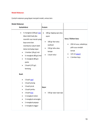 Model Makanan
Contoh makanan yang dapat menjadi model, antara lain:
Model Makanan
Karbohidrat

Protein

½ mangkuk (100 gr) nasi.

100 gr daging sapi atau

Akan lebih baik jika

ayam
Susu / Olahan Susu

memilih nasi merah yang
100 gr ikan atau

kaya serat dan

seafood

250 ml susu, sebaiknya

150 gr tahu atau

pilih susu rendah

1 lembar (28 gr) roti

tempe

lemak

½ mangkuk (80 gr) mie

1 butir telur

125 ml yogurt

membantu tubuh lebih
tahan terhadap lapar

1 lembar keju

½ mangkuk (80 gr)
pasta
1 buah (175 gr)
kentang
Buah
1 buah apel
1 buah pisang
1 buah jeruk

Sayur

1 buah jambu
1 buah kiwi

150 gr sayur apa saja

1 mangkuk melon
1 mangkuk semangka
1 mangkuk pepaya
1 mangkuk anggur

19

 
