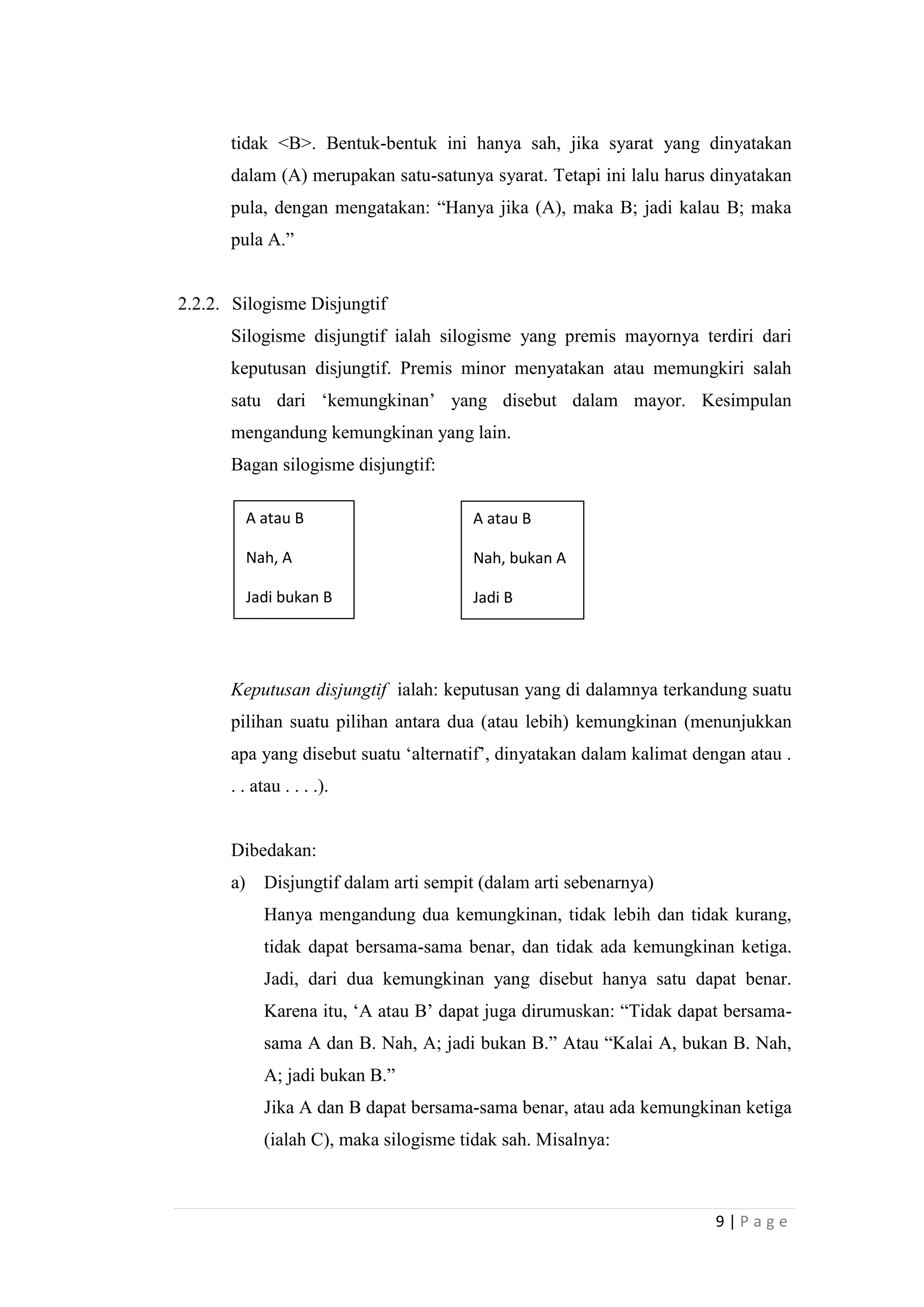 tidak <B>. Bentuk-bentuk ini hanya sah, jika syarat yang dinyatakan
dalam (A) merupakan satu-satunya syarat. Tetapi ini lalu harus dinyatakan
pula, dengan mengatakan: “Hanya jika (A), maka B; jadi kalau B; maka
pula A.”

2.2.2. Silogisme Disjungtif
Silogisme disjungtif ialah silogisme yang premis mayornya terdiri dari
keputusan disjungtif. Premis minor menyatakan atau memungkiri salah
satu dari „kemungkinan‟ yang disebut dalam mayor. Kesimpulan
mengandung kemungkinan yang lain.
Bagan silogisme disjungtif:
A atau B

A atau B

Nah, A

Nah, bukan A

Jadi bukan B

Jadi B

Keputusan disjungtif ialah: keputusan yang di dalamnya terkandung suatu
pilihan suatu pilihan antara dua (atau lebih) kemungkinan (menunjukkan
apa yang disebut suatu „alternatif‟, dinyatakan dalam kalimat dengan atau .
. . atau . . . .).

Dibedakan:
a) Disjungtif dalam arti sempit (dalam arti sebenarnya)
Hanya mengandung dua kemungkinan, tidak lebih dan tidak kurang,
tidak dapat bersama-sama benar, dan tidak ada kemungkinan ketiga.
Jadi, dari dua kemungkinan yang disebut hanya satu dapat benar.
Karena itu, „A atau B‟ dapat juga dirumuskan: “Tidak dapat bersamasama A dan B. Nah, A; jadi bukan B.” Atau “Kalai A, bukan B. Nah,
A; jadi bukan B.”
Jika A dan B dapat bersama-sama benar, atau ada kemungkinan ketiga
(ialah C), maka silogisme tidak sah. Misalnya:

9|Page

 