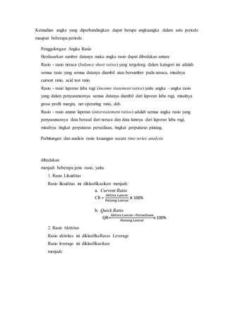 Kemudian angka yang diperbandingkan dapat berupa angkaangka dalam satu periode
maupun beberapa periode.
Penggolongan Angka Rasio
Berdasarkan sumber datanya maka angka rasio dapat dibedakan antara:
Rasio - rasio neraca (balance sheet ratios) yang tergolong dalam katagori ini adalah
semua rasio yang semua datanya diambil atau bersumber pada neraca, misalnya
current ratio, acid test ratio.
Rasio - rasio laporan laba rugi (income statement ratios) yaitu angka – angka rasio
yang dalam penyusunannya semua datanya diambil dari laporan laba rugi, misalnya
gross profit margin, net operating ratio, dsb.
Rasio - rasio anatar laporan (interstatement ratios) adalah semua angka rasio yang
penyusunannya data berasal dari neraca dan data lainnya dari laporan laba rugi,
misalnya tingkat perputaran persediaan, tingkat perputaran piutang.
Perhitungan dan analisis rasio keuangan secara time series analysis
dibedakan
menjadi beberapa jenis rasio, yaitu:
1. Rasio Likuiditas
Rasio likuiditas ini diklasifikasikan menjadi:
2. Rasio Aktivitas
Rasio aktivitas ini diklasifikaRasio Leverage
Rasio leverage ini diklasifikasikan
menjadi:
 
