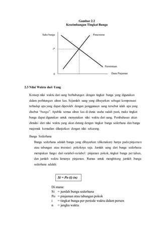 2.3 Nilai Waktu dari Uang
Konsep nilai waktu dari uang berhubungan dengan tingkat bunga yang digunakan
dalam perhitungan aliran kas. Sejumlah uang yang dibayarkan sebagai kompensasi
terhadap apa yang dapat diperoleh dengan penggunaan uang tersebut ialah apa yang
disebut “bunga”. Apabila semua aliran kas di dunia usaha sudah pasti, maka tingkat
bunga dapat digunakan untuk menyatakan nilai waktu dari uang. Pembahasan akan
dimulai dari nilai waktu yang akan datang dengan tingkat bunga sederhana dan bunga
majemuk kemudian dilanjutkan dengan nilai sekarang.
Bunga Sederhana
Bunga sederhana adalah bunga yang dibayarkan (dikenakan) hanya pada pinjaman
atau tabungan atau investasi pokoknya saja. Jumlah uang dari bunga sederhana
merupakan fungsi dari variabel-variabel: pinjaman pokok, tingkat bunga per tahun,
dan jumlah waktu lamanya pinjaman. Rumus untuk menghitung jumlah bunga
sederhana adalah:
 