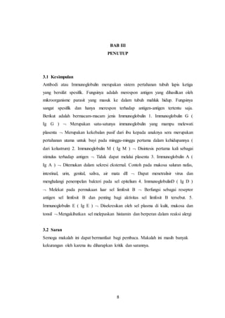 8
BAB III
PENUTUP
3.1 Kesimpulan
Antibodi atau Immunoglobulin merupakan sistem pertahanan tubuh lapis ketiga
yang bersifat spesifik. Fungsinya adalah merespon antigen yang dihasilkan oleh
mikroorganisme parasit yang masuk ke dalam tubuh mahluk hidup. Fungsinya
sangat spesifik dan hanya merespon terhadap antigen-antigen tertentu saja.
Berikut adalah bermacam-macam jenis Immunoglobulin 1. Immunoglobulin G (
Ig G )  Merupakan satu-satunya immunoglobulin yang mampu melewati
plasenta  Merupakan kekebalan pasif dari ibu kepada anaknya sera merupakan
pertahanan utama untuk bayi pada minggu-minggu pertama dalam kehidupannya (
dari kolustrum) 2. Immunoglobulin M ( Ig M )  Disintesis pertama kali sebagai
stimulus terhadap antigen  Tidak dapat melalui plasenta 3. Immunoglobulin A (
Ig A )  Ditemukan dalam sekresi eksternal. Contoh pada mukosa saluran nafas,
intestinal, urin, genital, saliva, air mata dll  Dapat menetralisir virus dan
menghalangi penempelan bakteri pada sel epitelium 4. ImmunoglobulinD ( Ig D )
 Melekat pada permukaan luar sel limfosit B  Berfungsi sebagai reseptor
antigen sel limfosit B dan penting bagi aktivitas sel limfosit B tersebut. 5.
Immunoglobulin E ( Ig E )  Disekresikan oleh sel plasma di kulit, mukosa dan
tonsil  Mengakibatkan sel melepaskan histamin dan berperan dalam reaksi alergi
3.2 Saran
Semoga makalah ini dapat bermanfaat bagi pembaca. Makalah ini masih banyak
kekurangan oleh karena itu diharapkan kritik dan sarannya.
 