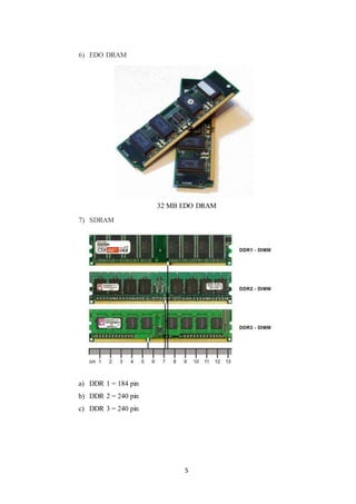 5
6) EDO DRAM
32 MB EDO DRAM
7) SDRAM
a) DDR 1 = 184 pin
b) DDR 2 = 240 pin
c) DDR 3 = 240 pin
 