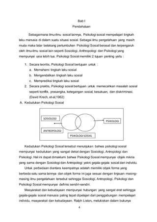 4
Bab I
Pendahuluan
Sebagaimana ilmu-ilmu sosial lainnya, Psikologi sosial mempelajari tingkah
laku manusia di dalam suatu situasi sosial. Sebagai ilmu pengetahuan yang masih
muda maka latar belakang pertumbuhan Psikologi Sosial berasal dan terpengaruh
oleh ilmu-ilmu sosial lain seperti Sosiologi, Anthropologi dan Psikologi yang
mempunyai usia lebih tua. Psikologi Sosial memiliki 2 tujuan penting yaitu :
1. Secara teoritis, Psikologi Sosial bertujuan untuk :
a. Memahami tingkah laku sosial
b. Mengendalikan tingkah laku sosial
c. Memprediksi tingkah laku sosial
2. Secara praktis, Psikologi sosial bertujuan untuk memecahkan masalah sosial
seperti konflik, prasangka, ketegangan sosial, kesukuan, dan diskriminasi.
(David Krech, et-al,1962)
A. Kedudukan Psikologi Sosial
Kedudukan Psikologi Sosial tersebut menunjukan bahwa psikologi sosial
mempunyai kedudukan yang sangat dekat dengan Sosiologi, Antropologi dan
Psikologi. Hal ini dapat dimaklumi bahwa Psikologi Sosial mempunyai objek mikria
yang sama dengan Sosiologi dan Antropologi yakni gejala-gejala sosial dari individu.
Untuk perbedaan diantara keempatnya adalah memiliki objek forma yang
berbeda satu sama lainnya dan objek forma ini juga sesuai dengan tinjauan masing-
masing ilmu pengetahuan tersebut sehingga Sosiologi, Antropologi, Psikologi dan
Psikologi Sosial mempunyai definisi sendiri-sendiri.
Masyarakat dan kebudayaan mempunyai hubungan yang sangat erat sehingga
gejala-gejala sosial manusia paling tepat dipelajari dari penggabungan mempelajari
individu, masyarakat dan kebudayaan. Ralph Liston, melukiskan dalam bukunya
PSIKOLOGI
PSIKOLOGISOSIAL
SOSIOLOGI
ANTROPOLOGI
 