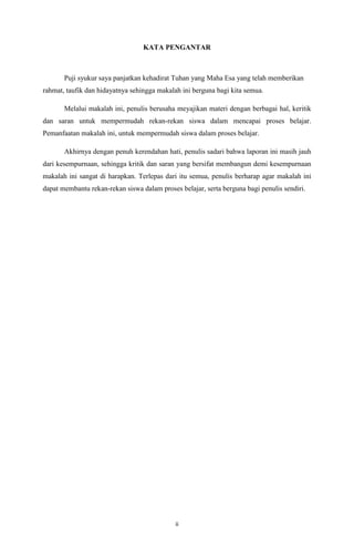 KATA PENGANTAR

Puji syukur saya panjatkan kehadirat Tuhan yang Maha Esa yang telah memberikan
rahmat, taufik dan hidayatnya sehingga makalah ini berguna bagi kita semua.
Melalui makalah ini, penulis berusaha meyajikan materi dengan berbagai hal, keritik
dan saran untuk mempermudah rekan-rekan siswa dalam mencapai proses belajar.
Pemanfaatan makalah ini, untuk mempermudah siswa dalam proses belajar.
Akhirnya dengan penuh kerendahan hati, penulis sadari bahwa laporan ini masih jauh
dari kesempurnaan, sehingga kritik dan saran yang bersifat membangun demi kesempurnaan
makalah ini sangat di harapkan. Terlepas dari itu semua, penulis berharap agar makalah ini
dapat membantu rekan-rekan siswa dalam proses belajar, serta berguna bagi penulis sendiri.

ii

 