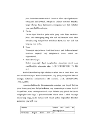 pada alkoholisme dan malnutrisi, kerusakan mielin terjadi pada sentral
           batang otak dan serebrum. Patogenesis kelainan ini belum diketahui,
           tetapi beberapa kasus kelihatannya merupakan hasil dari perbaikan
           yang cepat dari hiponatremia.
       3. Toksin
           Toksin dapat dihasilkan pada mielin yang rusak dalam saraf-saraf
           pusat. Satu contoh yang paling baik ialah heksaklorofen suatu bahan
           antiseptik yang menyebabkan demielinasi berat pada bayi oleh efek
           langsung pada mielin.
       4. Virus
           Virus dapat menyebabkan demielinasi seperti pada leukoensefalopati
           multilokal progresif, yang menghasilkan infeksi sitolitik dari
           oligodendrosit.
       5. Reaksi Imunologik
           Reaksi imunologik dapat menghasilkan demielinasi seperti pada
           esenfalomielitis diseminata akut. (J.C.E UNDERWOOD 1996 Hal
           881)
       Kondisi Demielinating dapat disebabkan virus, bahkan bahan kimia atau
mekanisme imunologik. Kondisi demielinisasi yang paling sering ialah sklerosis
multipel, mekanisme demielinasinya tidak diketahui. (J.C.E. UNDERWOOD
1996. Hal 879)
       Umumnya kelainan ini ditemukan pada penduduk yang tinggal disekitar
garis lintang yang jauh, dari garis ekuator yang prevalensinya terutama tinggi di
Eropa Uatara, tetapi rendah pada daerah tropis. Individu yang pindah dari daerah
dengan prevalensi tinggi ke prevalensi rendah setelah umur 15 tahun resikonya
masih tetap tinggi, resiko menjadi lebih rendah apabila perpindahan dilakukan
pada umur yang lebih awal


     Daerah                                  Prevalen kotor (crude) per
                                             100.000 populasi
     Skotlandia     bagian    timur     laut 144
 