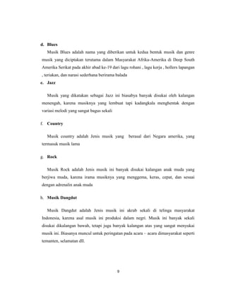 d. Blues
   Musik Blues adalah nama yang diberikan untuk kedua bentuk musik dan genre
musik yang diciptakan terutama dalam Masyarakat Afrika-Amerika di Deep South
Amerika Serikat pada akhir abad ke-19 dari lagu rohani , lagu kerja , hollers lapangan
, teriakan, dan narasi sederhana berirama balada
e. Jazz

   Musik yang dikatakan sebagai Jazz ini biasabya banyak disukai oleh kalangan
menengah, karena musiknya yang lembuat tapi kadangkala menghentak dengan
variasi melodi yang sangat bagus sekali

f. Country

   Musik country adalah Jenis musik yang           berasal dari Negara amerika, yang
termasuk musik lama

g. Rock

   Musik Rock adalah Jenis musik ini banyak disukai kalangan anak muda yang
berjiwa muda, karena irama musiknya yang menggema, keras, cepat, dan sesuai
dengan adrenalin anak muda

h. Musik Dangdut

   Musik Dangdut adalah Jenis musik ini akrab sekali di telinga masyarakat
Indonesia, karena asal musik ini produksi dalam negri. Musik ini banyak sekali
disukai dikalangan bawah, tetapi juga banyak kalangan atas yang sangat menyukai
musik ini. Biasanya muncul untuk peringatan pada acara – acara dimasyarakat seperti
temanten, selamatan dll.




                                          9
 