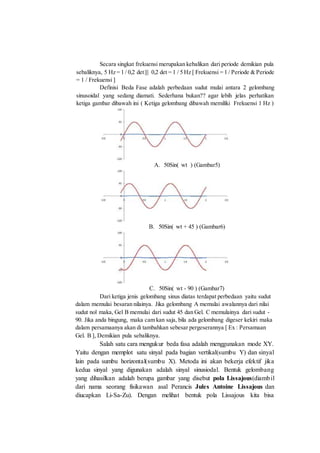 Secara singkat frekuensi merupakan kebalikan dari periode demikian pula
sebaliknya, 5 Hz = 1 / 0,2 det||| 0,2 det = 1 / 5 Hz [ Frekuensi = 1 / Periode & Periode
= 1 / Frekuensi ]
Definisi Beda Fase adalah perbedaan sudut mulai antara 2 gelombang
sinusoidal yang sedang diamati. Sederhana bukan?? agar lebih jelas perhatikan
ketiga gambar dibawah ini ( Ketiga gelombang dibawah memiliki Frekuensi 1 Hz )
A. 50Sin( wt ) (Gambar5)
B. 50Sin( wt + 45 ) (Gambar6)
C. 50Sin( wt - 90 ) (Gambar7)
Dari ketiga jenis gelombang sinus diatas terdapat perbedaan yaitu sudut
dalam memulai besaran nilainya. Jika gelombang A memulai awalannya dari nilai
sudut nol maka, Gel B memulai dari sudut 45 dan Gel. C memulainya dari sudut -
90. Jika anda bingung, maka cam kan saja, bila ada gelombang digeser kekiri maka
dalam persamaanya akan di tambahkan sebesar pergeserannya [ Ex : Persamaan
Gel. B ], Demikian pula sebaliknya.
Salah satu cara mengukur beda fasa adalah menggunakan mode XY.
Yaitu dengan memplot satu sinyal pada bagian vertikal(sumbu Y) dan sinyal
lain pada sumbu horizontal(sumbu X). Metoda ini akan bekerja efektif jika
kedua sinyal yang digunakan adalah sinyal sinusiodal. Bentuk gelombang
yang dihasilkan adalah berupa gambar yang disebut pola Lissajous(diambil
dari nama seorang fisikawan asal Perancis Jules Antoine Lissajous dan
diucapkan Li-Sa-Zu). Dengan melihat bentuk pola Lissajous kita bisa
 
